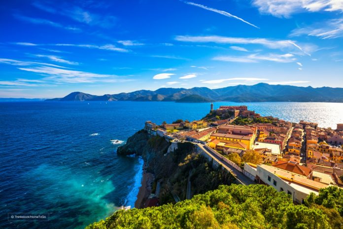 Elba island, Portoferraio aerial view. Lighthouse and fort. Tusc