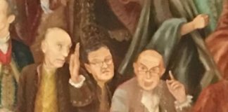 «Neoumanesimo Milanese 1992/1994» dipinto ad olio – Particolare: Indro Montanelli, Gianfranco Miglio, Egidio Sterpa – «AMICI DI MILANO» Associazione rievoca.