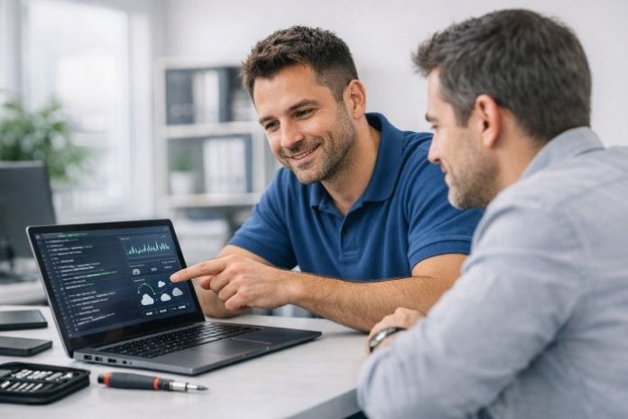 Assistenza computer Milano: tecnico informatico che assiste un cliente mostrando diagnostiche su laptop in ufficio moderno e luminoso