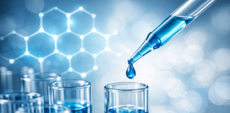 Nuove frontiere per la cura del tumore al pancreas Provette da laboratorio con liquido blu e struttura molecolare esagonale, simbolo della ricerca oncologica sul tumore al pancreas