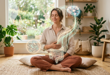 Il microbiota: perché l’intestino è il nostro “secondo cervello” Illustrazione realistica del microbiota intestinale con intestino, batteri benefici e connessioni neurali verso il cervello