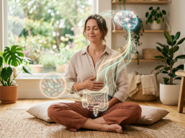 Illustrazione realistica del microbiota intestinale con intestino, batteri benefici e connessioni neurali verso il cervello