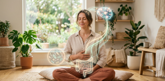 Il microbiota: perché l’intestino è il nostro “secondo cervello” Illustrazione realistica del microbiota intestinale con intestino, batteri benefici e connessioni neurali verso il cervello