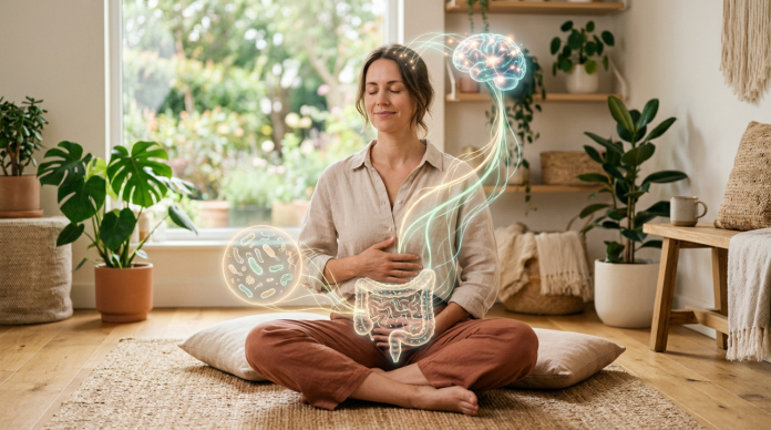 Illustrazione realistica del microbiota intestinale con intestino, batteri benefici e connessioni neurali verso il cervello